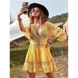 Boho Yellow Crochet‎ Lace Cut Out Overlay Dress Swimsuit Cover Up Dress